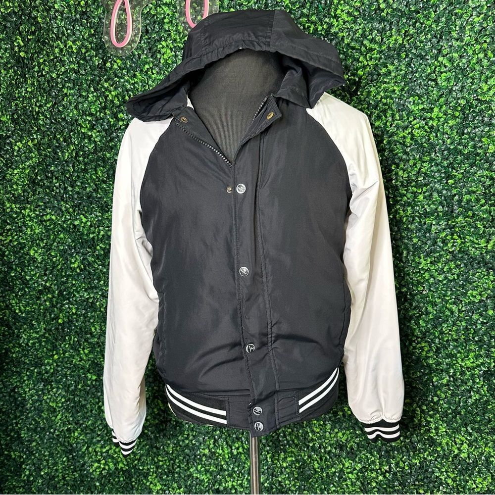 Pull & Bear Men’s Varsity Hoodie Jacket White Black Striped 38 Sz M